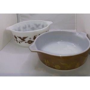 Vintage Pyrex Brown Gold Early Americana Bowl 1 PT Eagle 1 1/2 White 471 472